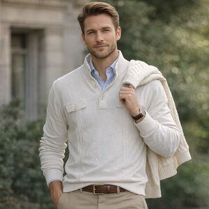 Claiborne Lux Men’s Cream Quarter-Button Sweater XXL Pullover Cotton Cashmere